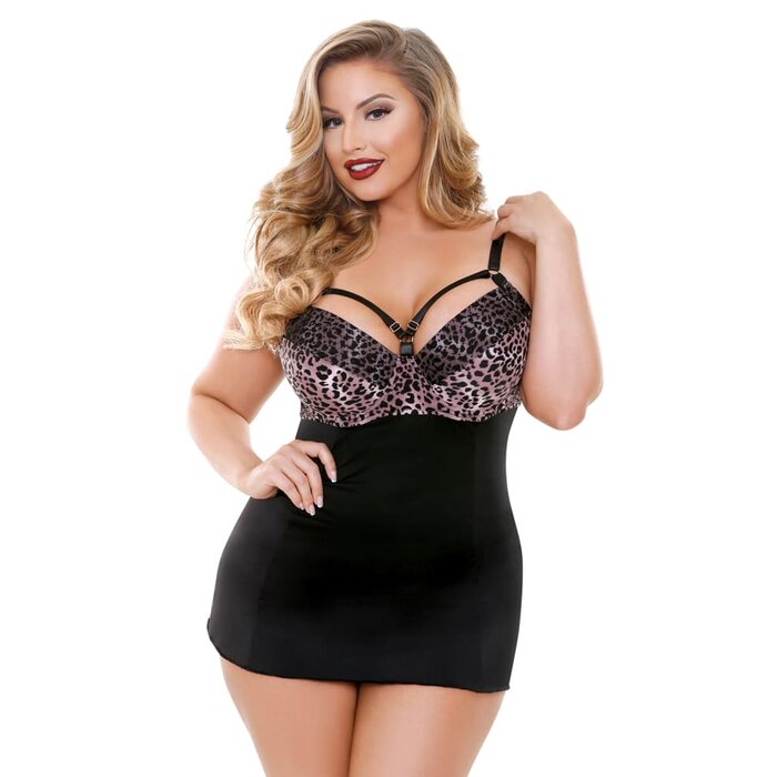 Josephine Cutout Molded Leopard Print Chemise with G-string - 1X/2X
