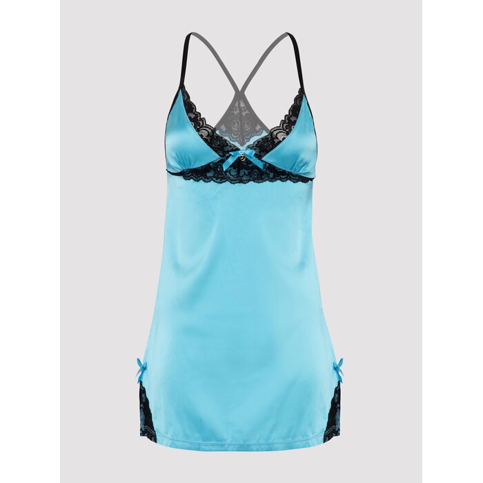 Lovehoney Plus Size Turquoise Satin and Lace Chemise Set - 1X / 2X - Blue