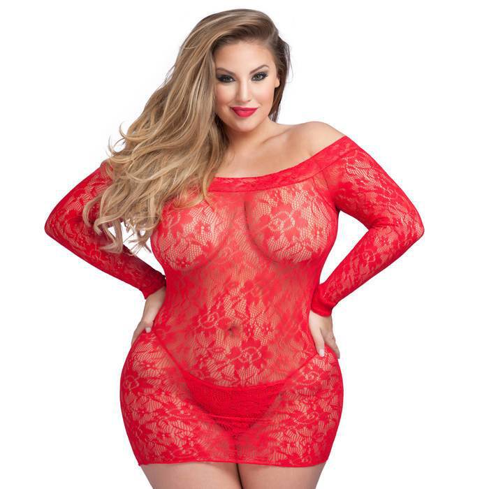 Lovehoney Plus Size Red Long Sleeve Lace Mini Dress