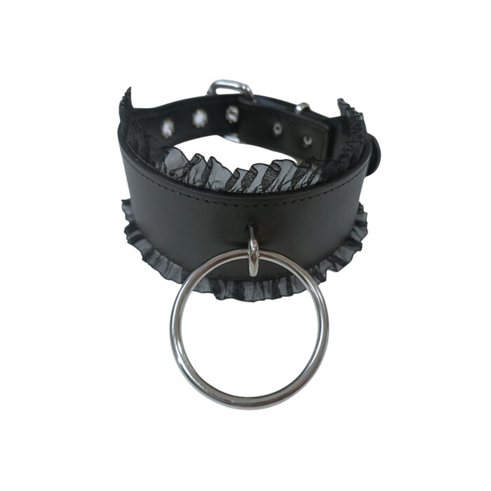 Wide Leather Collar with Lace Trim and Large O-Ring