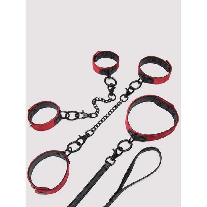 Bondage Boutique Ruby Velvet Collar, Wrist and Ankle Cuff Kit (3 Piece) - Red