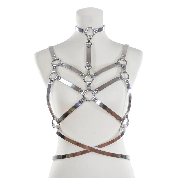 Double Strapped Bra Harness with Belt and Collar - Silver