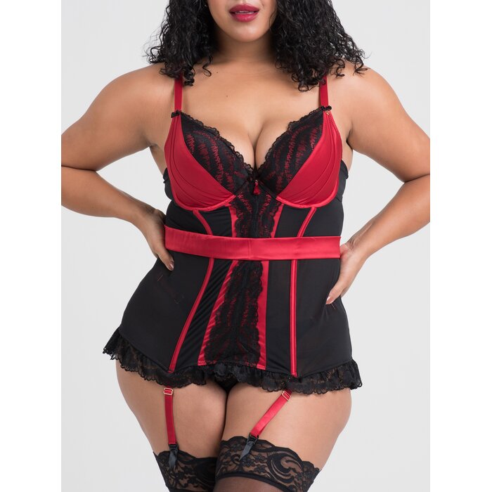 Lovehoney Plus Size Empress Red Satin and Lace Basque Set - 1X / 2X - Red