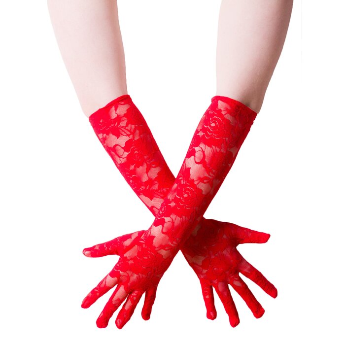 Red Floral Lace Elbow Length Gloves - One Size