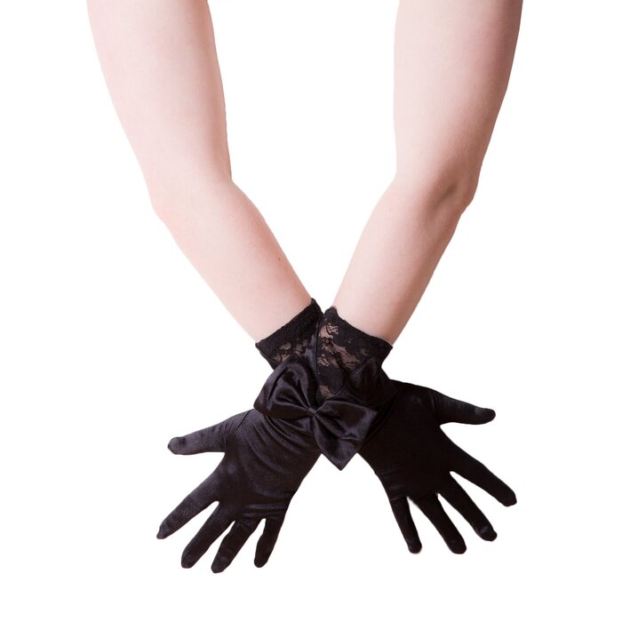 Black Satin Glove With Lace Inset And Bow - One Size