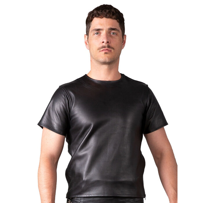 Leather T-Shirt with Multi Zips in Black