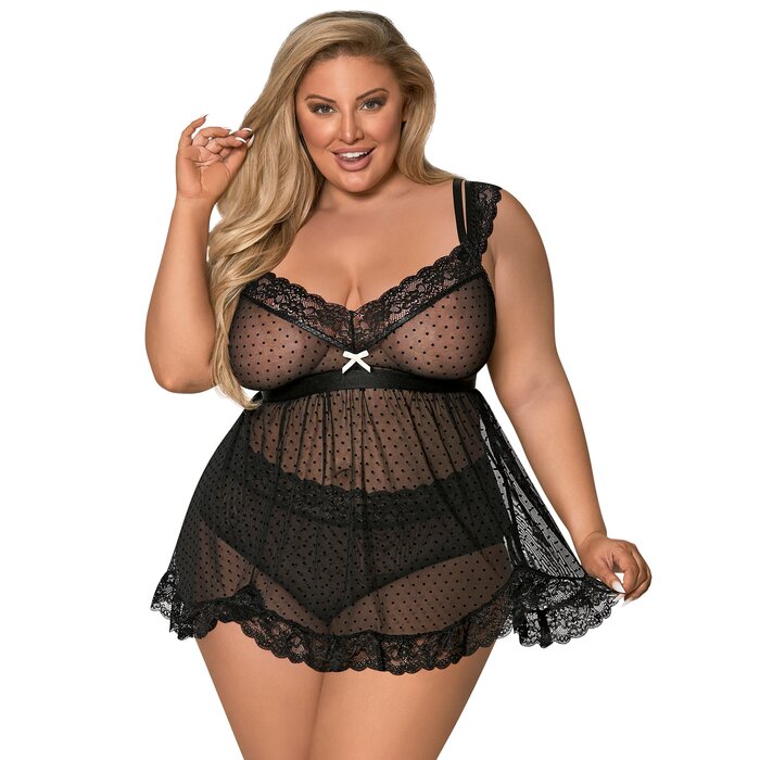 Exposed Plus Size Black Lace and Mesh Cami Set - 1X / 2X - Black