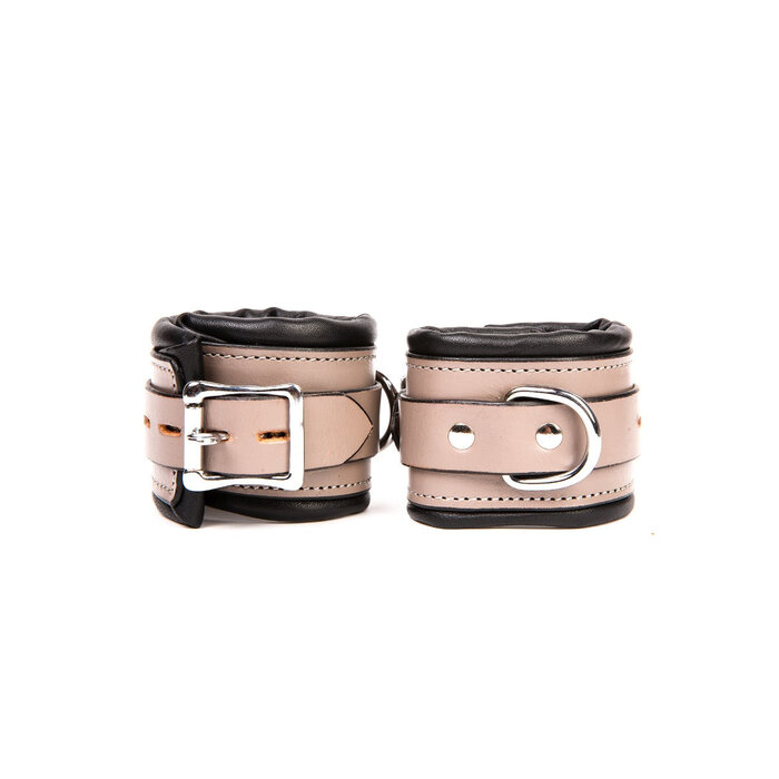 Grey Leather D-Ring Hand Cuffs with Black Padding