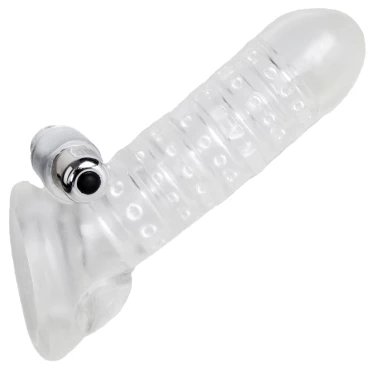 Packaged Clear Textured Vibrating Cock Sleeve with Ball Strap