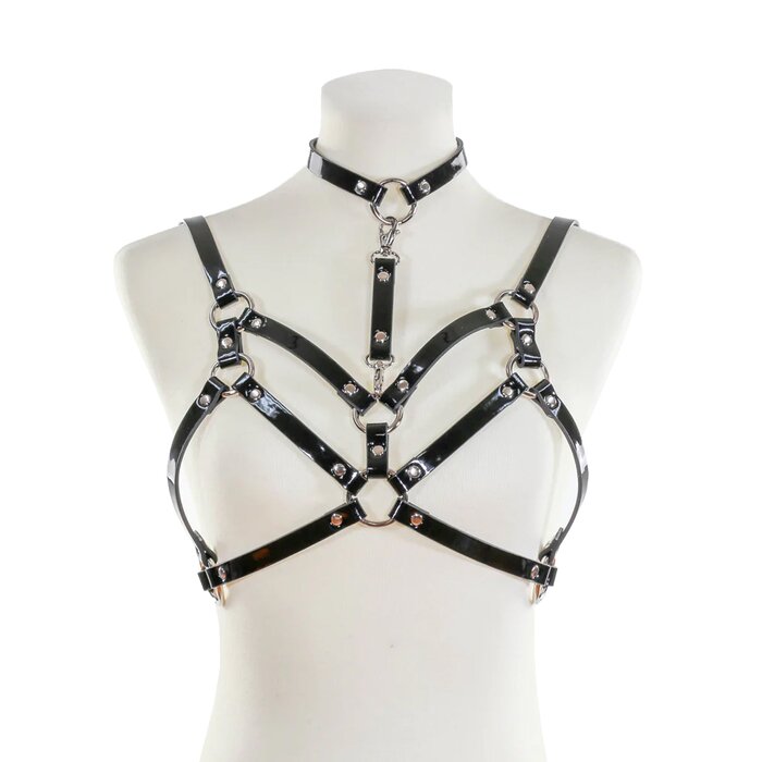 Double Strapped Bra Harness with Collar - Black