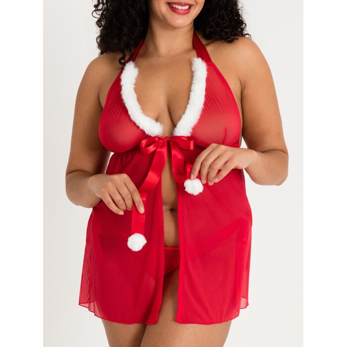Lovehoney Plus Size Christmas Pom-Pom Red Sheer Babydoll Set - One Size Queen - Red