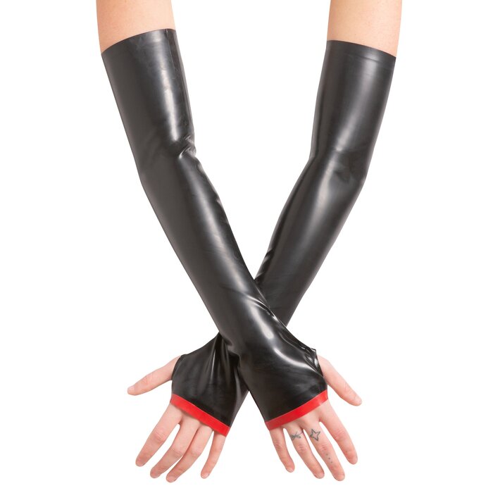 Latex Elbow Gauntlets with Trim in Black-Red