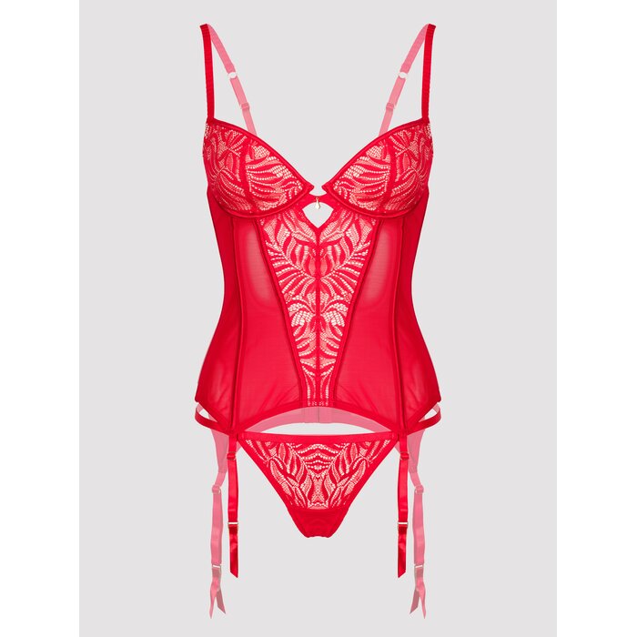 Lovehoney Plus Size Parisienne Charm Red Lace Basque Set - 1X / 2X - Red