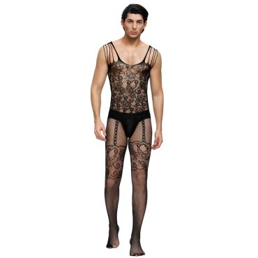 Black Lace Illusion Suspender Male Bodystocking