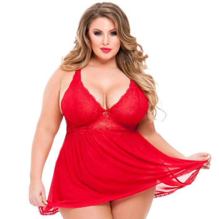 Lovehoney Plus Size Love Me Lace Red Soft Cup Babydoll Set
