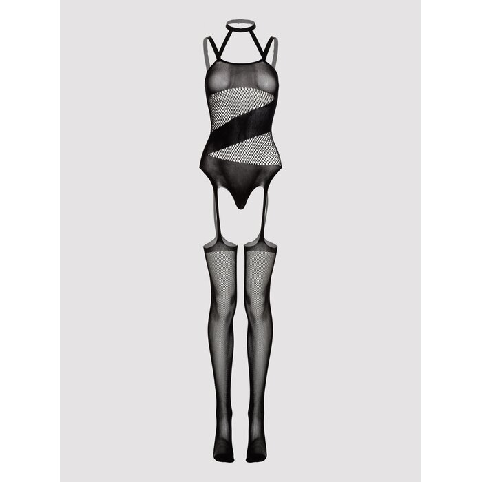 Lovehoney Plus Size Asymmetric Fishnet Suspender Bodystocking - One Size Queen - Black