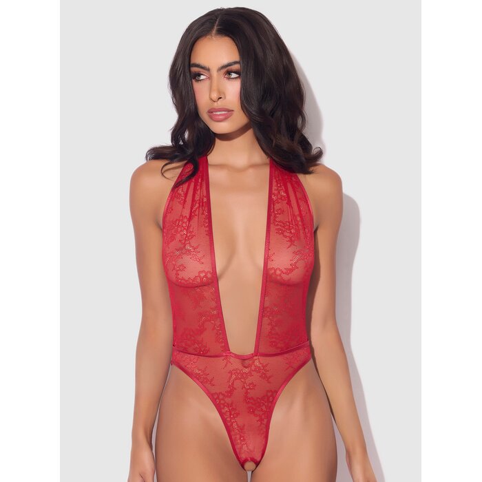 House of Desire Red Kiki Lace Plunge Halter Crotchless Body - Small - Red