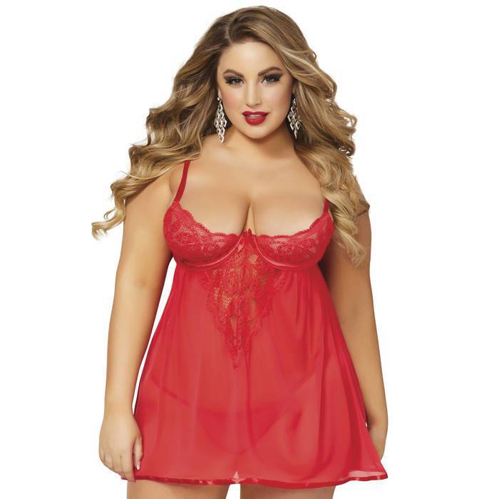 Seven 'til Midnight Plus Size Underwired 1/2 Cup Bow Back Babydoll Set