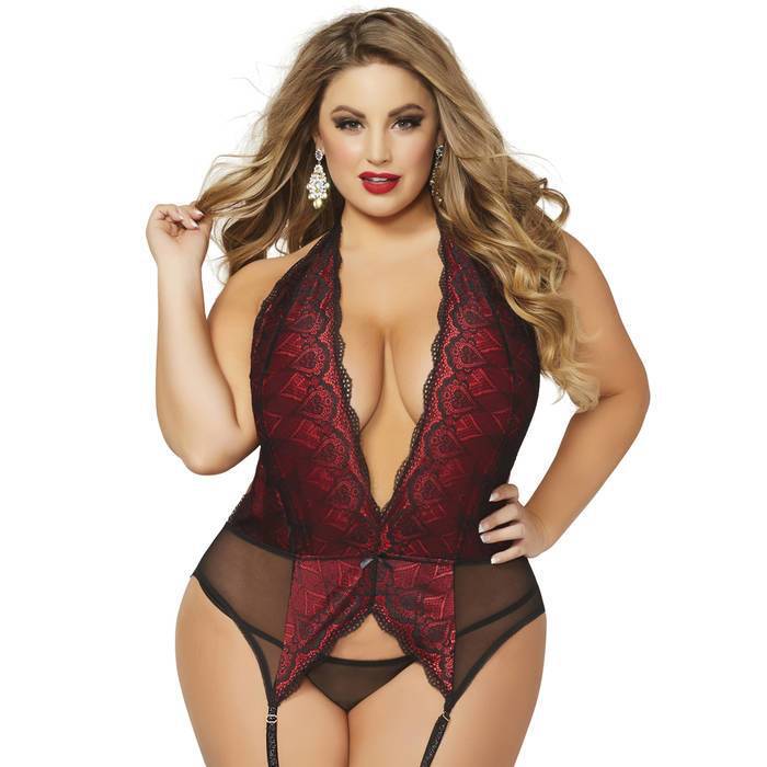 Seven 'til Midnight Plus Size Deep Plunge Suspender Chemise Set