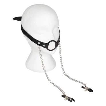 Dual Sensation Leather O-Ring Mouth Gag & Nipple Clamps