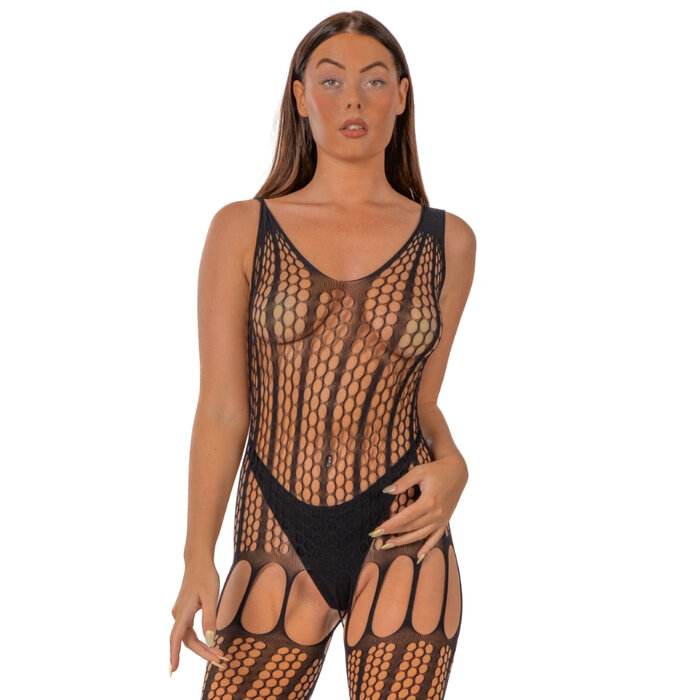 Lace by LJ Crochet Bodystocking with Lace Up Back Black