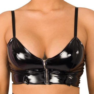 Viper Vinyl Black PVC Zip-Up Cami Crop Top - SMALL