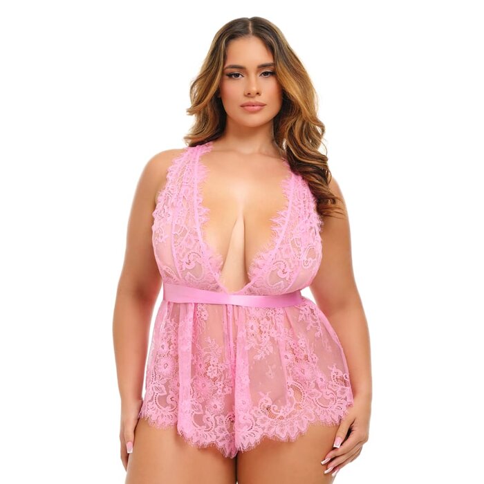 Brea Eyelash Lace Romper with Functional Ties - 1X/2X