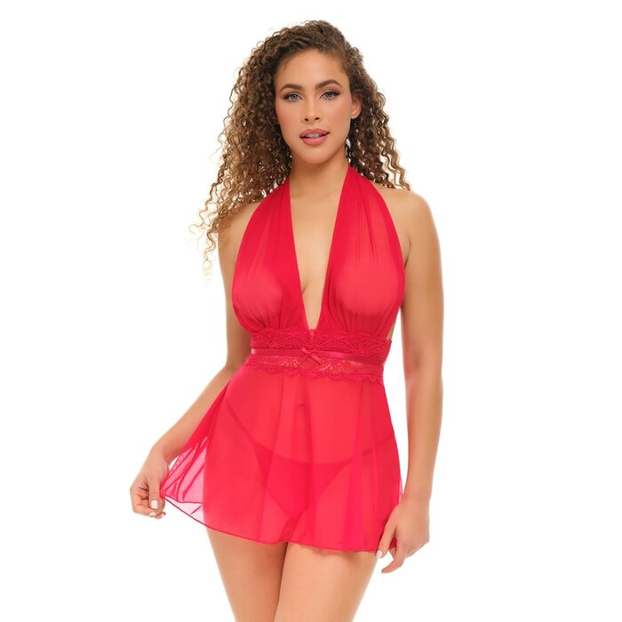 Mesh Plunge Babydoll - Red - Small/Medium