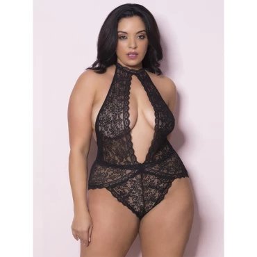 Belle Exquisite Plus Size Black Lace Keyhole Teddy