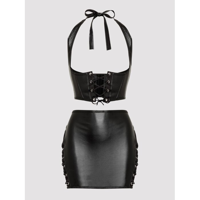 Lovehoney Plus Size Fierce Leather Look Lace-Up Black Bra & Skirt Set - 1X / 2X - Black