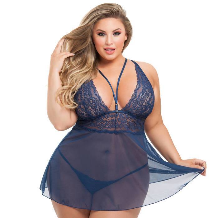 Lovehoney Plus Size Late Night Liaison Blue Lace Babydoll Set