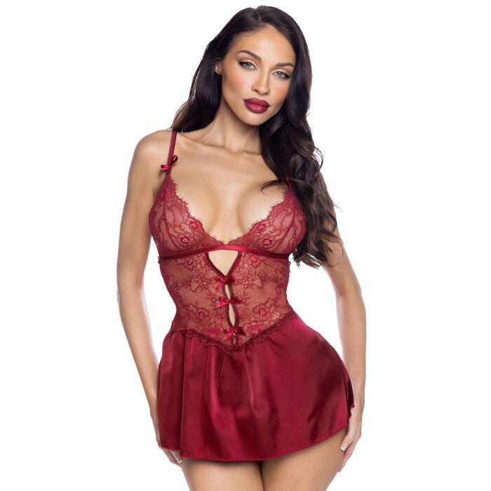 Roma Paradise Dream Burgundy Lace and Satin Babydoll Set - L / XL - Red