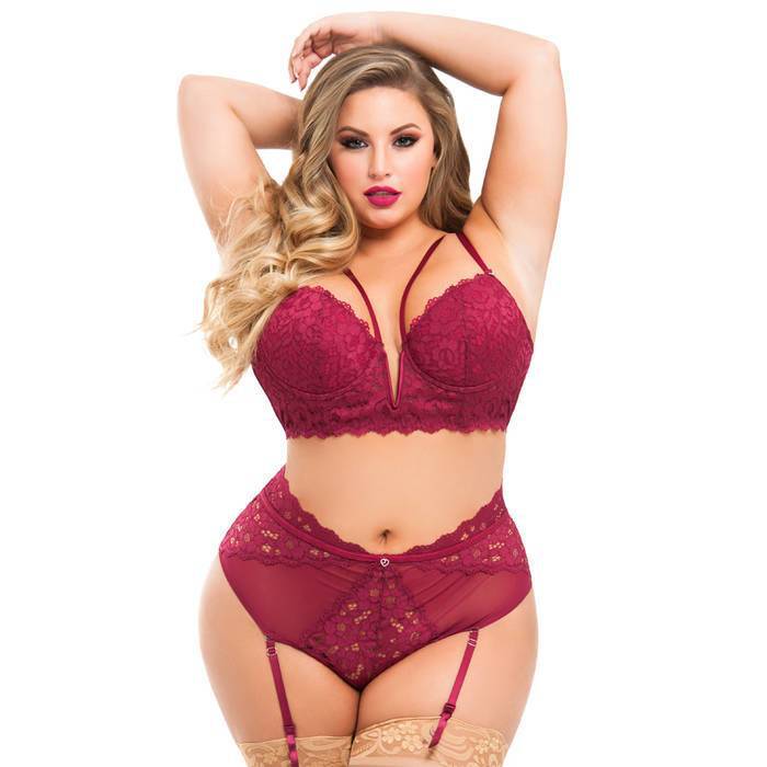 Lovehoney Plus Size Parisienne Wine Longline Bra and Crotchless Thong Set