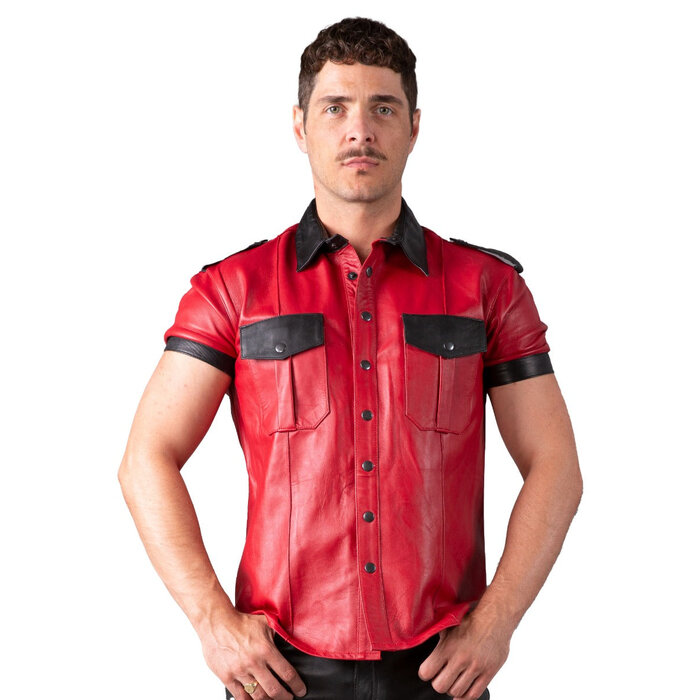 Slim Fit Leather Shirt in Red & Black