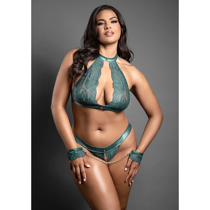 Keyhole Halter Bralette, Open Panty and Handcuffs - Queen Size