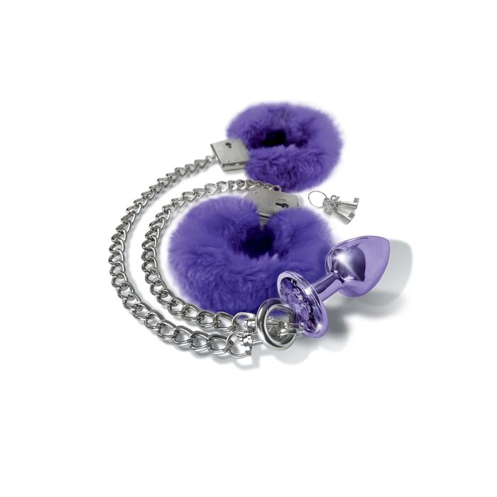 Nixie Metal Butt Plug and Furry Handcuff Set - Purple