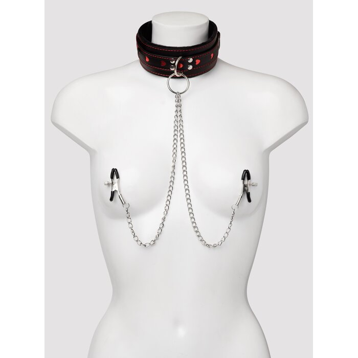 Bondage Boutique Heart Collar with Nipple Clamps and Chain - Black