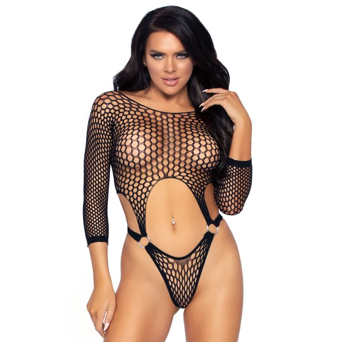 Leg Avenue Black Fishnet Long Sleeve Suspender Body - One size - Black