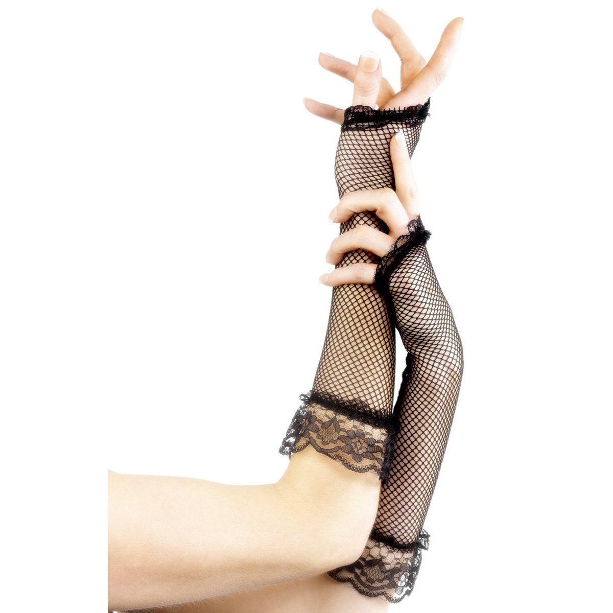 Fever Long Fingerless Fishnet Gloves - Black - One Size