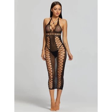 Flirt Elegance Black Fishnet Crisscross Halter Dress
