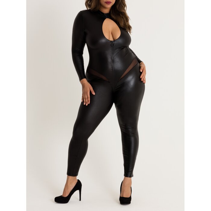 Lovehoney Plus Size Fierce Wet Look Zip-Around Cut-Out Catsuit - 3X / 4X - Black