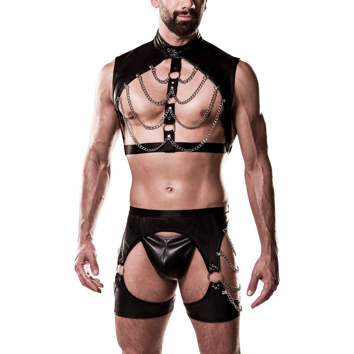 Grey Velvet Men Wetlook Bondage Set with Chaps - Black - L/XL