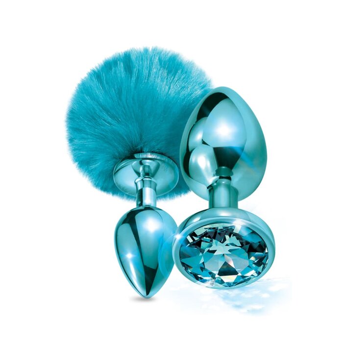 Nixie Metal Butt Plug Set Pom Pom and Jewel Inlaid - Blue
