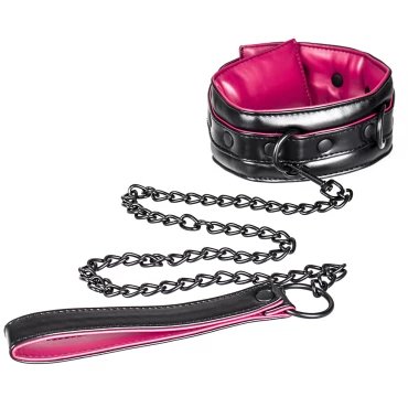 Choke Pink & Black Faux Leather Collar With Leash