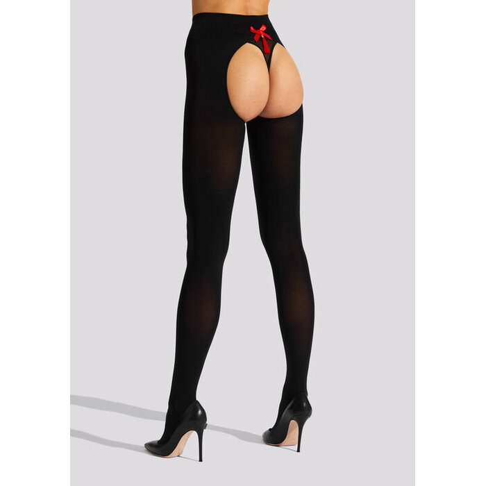 Ann Summers Opaque Crotchless Tassel Bow Open Back Tights, Black/Red