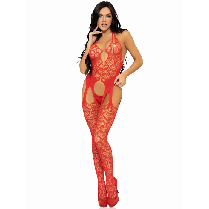 Leg Avenue Red Heart Net Suspender Bodystocking - One size - Red
