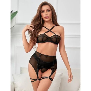 Smoulder Black Mesh Bra, Thong & Suspender Belt - XS/S