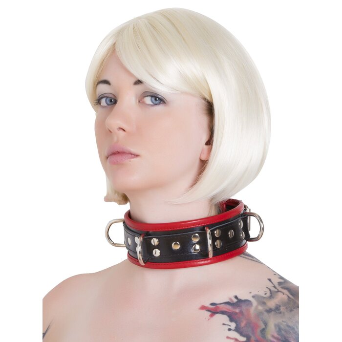Black & Red Leather Five D-Ring Collar