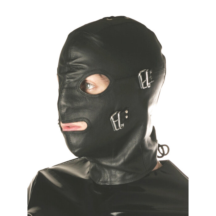 Leather Lace-Back Hood with Detachable Blindfold & Gag - One Size