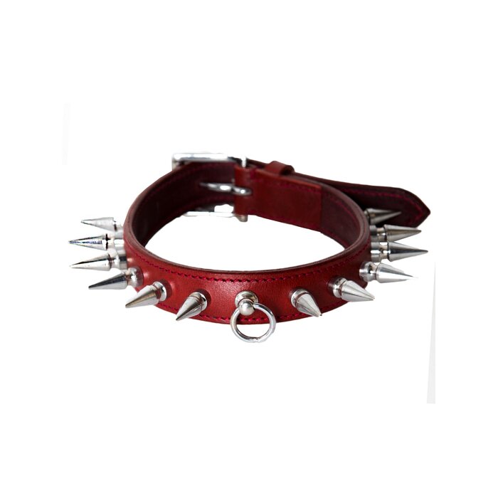 Deluxe Burgundy Leather Spiked Collar